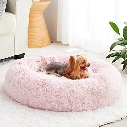 Calming Dog Bed Cat Bed Donut - Faux Fur Pet Bed Self-Warming Donut Cuddler