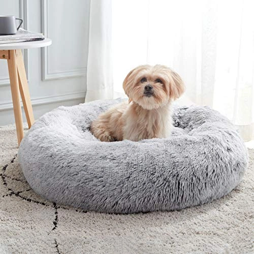 Calming Dog Cat Bed - Anti-Anxiety Donut Cuddler Warming Cozy Round Bed, Fluffy Faux Fur