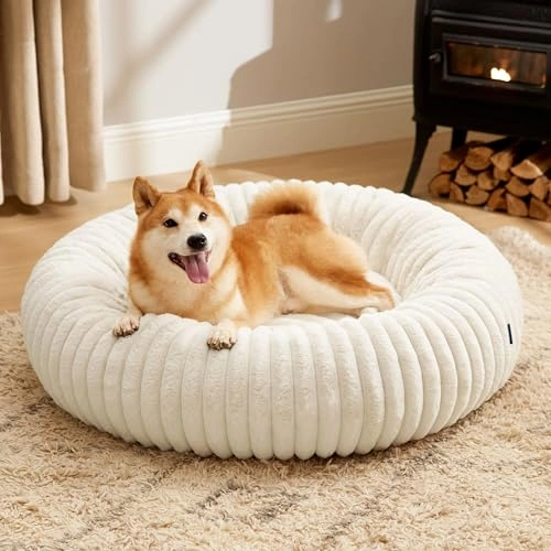 Donut Large Dog Bed - Washable Faux Fur with Corduroy Fleece Anti Slip Bottom - Round Pet