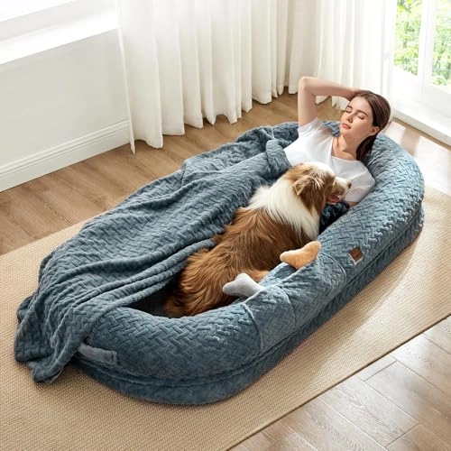 Human Dog Bed for Adult - Luxury Faux Fur Giant Size Dog Bed with Portable Handle - Egg