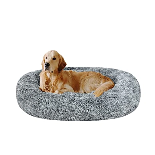 Oval Calming Donut Cuddler Dog Bed - Shag Faux Fur Cat Bed Washable Round Pillow Pet Bed