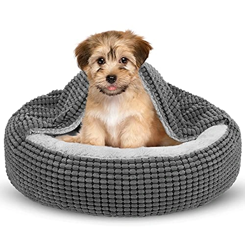 Small Dog Bed with Attached Blanket - Cozy Donut Cuddler Anti-Anxiety Hooded Pet Beds