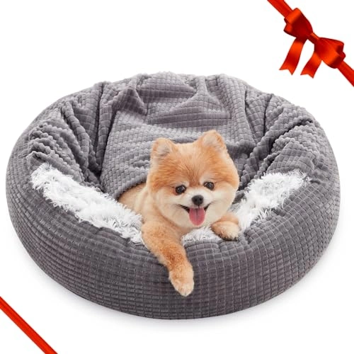Small Dog Bed with Blanket - Round Calming Cozy Cave for Puppies, Plush Cuddler